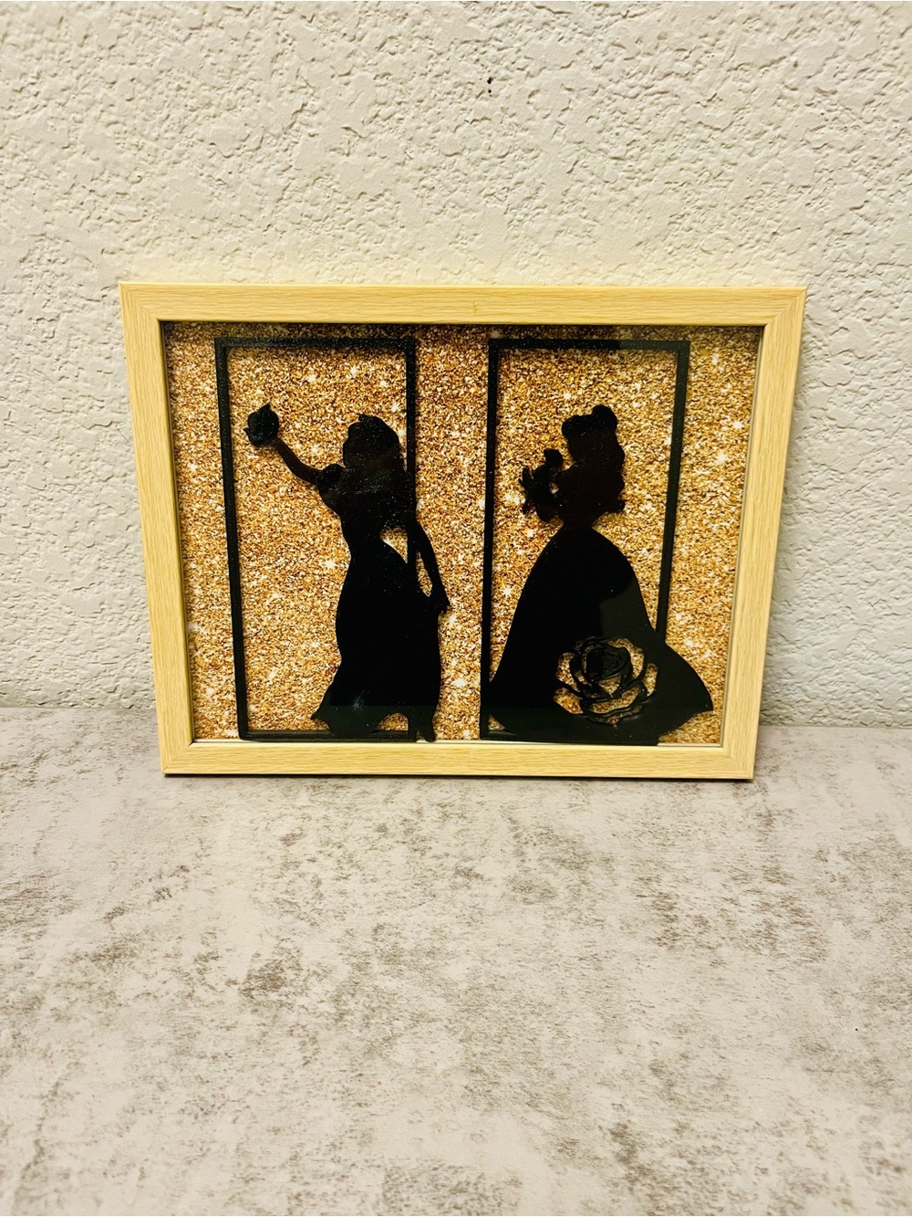 Black Silhouette Princess Wall Art with Gold Background